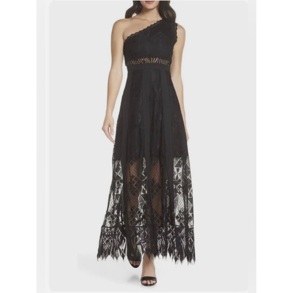 FOXIEDOX | ANTHRO Juliet One Shoulder Black Lace Occasion Maxi Dress, Medium